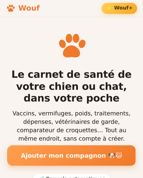 Wouf : la page d’accueil du carnet de santé