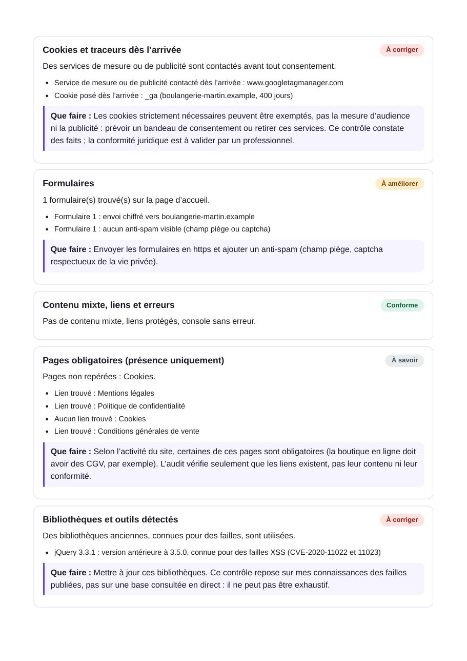 Deuxième page du rapport d’exemple : résultats détaillés avec le niveau, les preuves et ce qu’il faut faire